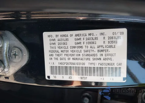 2009 Honda Accord 2.4 Ex from USA, damaged, VIN 1HGCP26709A103100